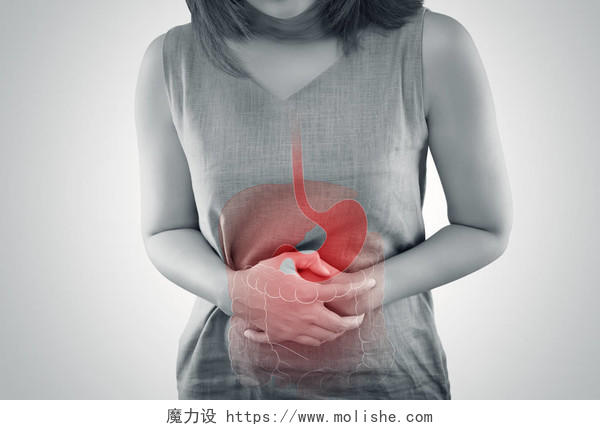 溃疡性结肠炎大肠的照片是妇女的身体对灰色背景